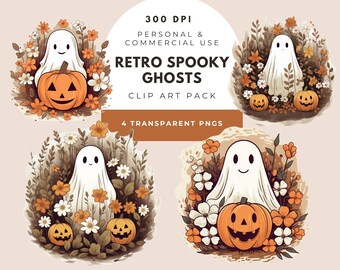 Clipart di fantasmi retrò e spettrali: zucche e fiori acquerellati (PNG, uso commerciale)