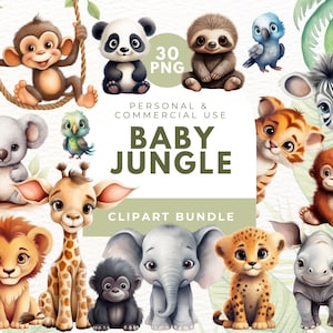 Dschungel Kinderzimmer, Dschungel Aquarell Tier Clipart, Sublimation Png, Babyparty Clipart, niedliche Giraffe, Baby Elefant, Baby Löwe, Safari