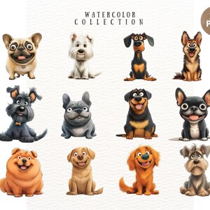 May include: A collection of 12 watercolor illustrations of different dog breeds. Each dog is depicted in a cartoon style with a friendly expression. The illustrations are perfect for use in digital or printed projects.