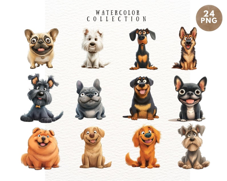 May include: A collection of 12 watercolor illustrations of different dog breeds. Each dog is depicted in a cartoon style with a friendly expression. The illustrations are perfect for use in digital or printed projects.