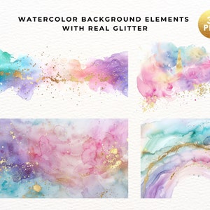 May include: A set of 35 watercolor background elements with real gold glitter. The elements are in shades of pink, purple, blue, and green. They are perfect for adding a touch of sparkle to your designs.