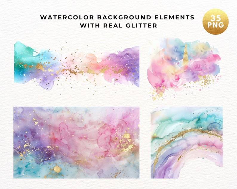 May include: A set of 35 watercolor background elements with real gold glitter. The elements are in shades of pink, purple, blue, and green. They are perfect for adding a touch of sparkle to your designs.