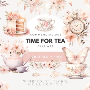 Clipart de hora do chá, ilustrações de chá, clipart de uso comercial, clipart aquarela, festa de chá aquarela png, scrapbooking, floral, blush, rosa