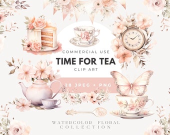 Tea Time Clipart, Tea Illustrations, Commercial Use Clipart, Watercolor Clipart, Watercolor Tea Party Png, Scrapbooking, Floral, Blush, Rose