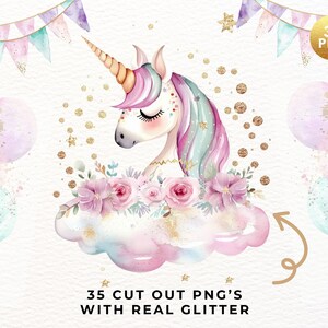 May include: A watercolor illustration of a unicorn with a pink, purple, and green mane and tail. The unicorn is sitting on a cloud with pink and white flowers. The background is white with gold glitter and pastel pink and blue balloons.