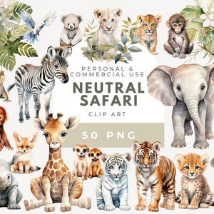 Clipart de guardería bohemia neutra, baby shower de safari, animales de la selva, cumpleaños salvaje, hojas tropicales, monstera, fondo transparente