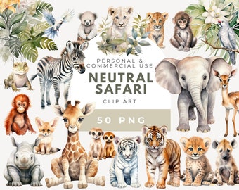 Clipart di animali da safari ad acquerello: cameretta dei bambini boho neutra (PNG)