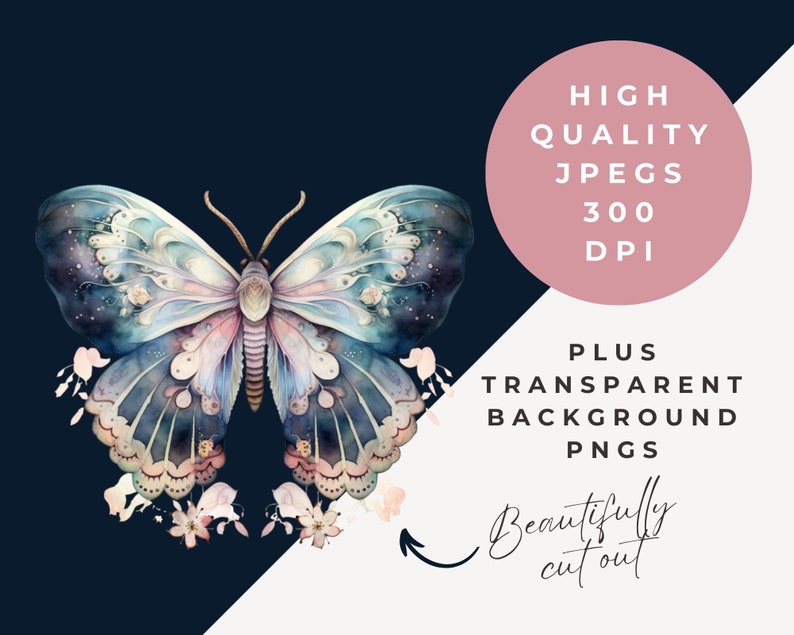 May include: A watercolor illustration of a blue and pink butterfly with intricate details. The butterfly is surrounded by delicate white flowers.