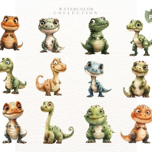 May include: A set of 12 watercolor illustrations of cute cartoon dinosaurs in various poses. The dinosaurs are drawn in a whimsical style with bright colors and playful expressions. The illustrations are perfect for use in children's books, greeting cards, or other creative projects.