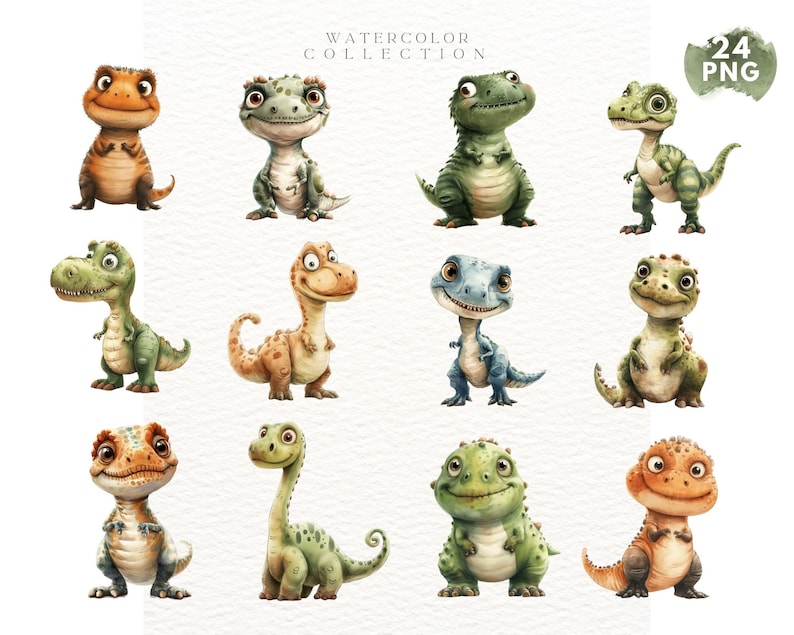 May include: A set of 12 watercolor illustrations of cute cartoon dinosaurs in various poses. The dinosaurs are drawn in a whimsical style with bright colors and playful expressions. The illustrations are perfect for use in children's books, greeting cards, or other creative projects.