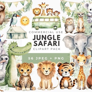 Safari animales acuarela clipart, baby shower, salvaje un cumpleaños, vivero de la selva, safari de la selva png, decoración del cumpleaños de la selva, jirafa, jeep