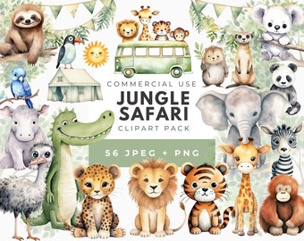 Clipart aquarelle animaux de safari, baby shower, sauvage un anniversaire, chambre de bébé jungle, jungle safari png, décoration d'anniversaire jungle, girafe, jeep