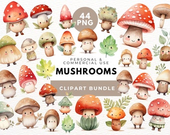 May include: A set of 44 watercolor illustrations of cute cartoon mushrooms with various colors and expressions. The mushrooms are in different poses and have different features, such as spots, stripes, and leaves. The illustrations are perfect for adding a touch of whimsy to any project.