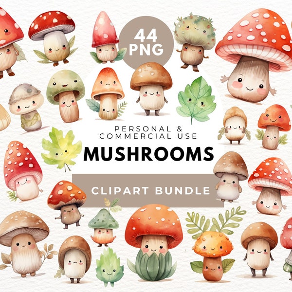 Cute Mushroom Clipart, Mushrooms Bundle Png, Toadstool, Fungi Clipart, Forest Mushroom, Button Mushroom, Shiitake Mushroom, Digital Download