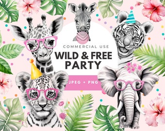Wild One Party Clipart: Girls Birthday Jungle Animals PNG, (Digital Download)