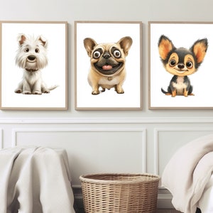 May include: Three framed illustrations of cartoon dogs. The first illustration features a white West Highland Terrier with black eyes and a black nose. The second illustration features a brown and white pug with black eyes and a black nose. The third illustration features a brown and black chihuahua with black eyes and a black nose.