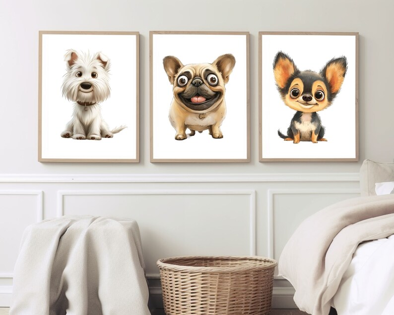 May include: Three framed illustrations of cartoon dogs. The first illustration features a white West Highland Terrier with black eyes and a black nose. The second illustration features a brown and white pug with black eyes and a black nose. The third illustration features a brown and black chihuahua with black eyes and a black nose.