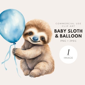 Sloth Png, Sloth Birthday, Blue Balloon, Baby Sloth Clipart, Cute Sloth Png, Watercolor Sloth, Nursery Decor, Boy Sloth, Digital Paper Craft