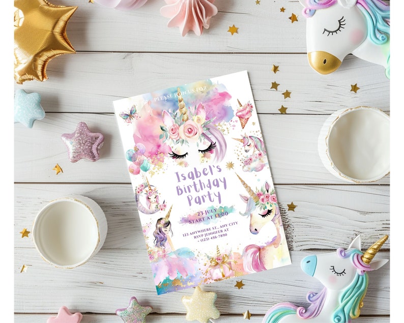 May include: A colorful unicorn birthday party invitation with a watercolor background. The invitation features a unicorn with a floral crown, a rainbow, and the text "Isabel's Birthday Party" with the date and time.