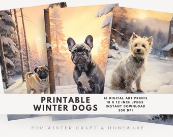 Winter Sunset Dogs Art Prints: Junk Journal Ephemera (Digital Download)