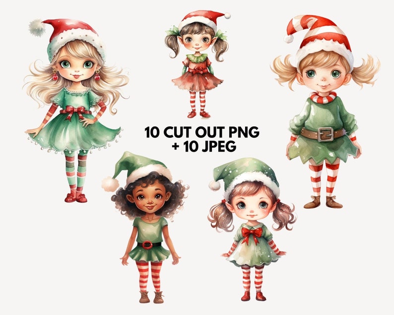 Girl Elf Clipart: Watercolor Christmas Designs (PNG, JPEG) - Etsy