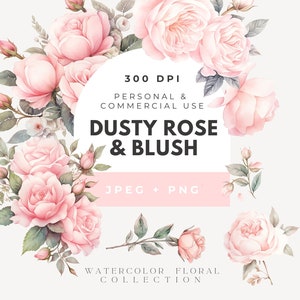 Clipart de boda, Clipart de flores rosa claro, Clipart de ramos de rosas bohemias, Clipart de rosas rosa rubor, Rosa polvorienta PNG, Fondo transparente