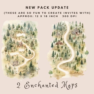 May include: Two watercolor illustrations of enchanted maps with winding paths, trees, and castles. The maps are approximately 12 x 18 inches and 300 DPI.  The text "2 Enchanted Maps" is at the bottom of the image.