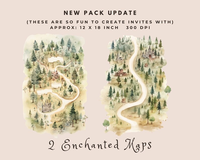 May include: Two watercolor illustrations of enchanted maps with winding paths, trees, and castles. The maps are approximately 12 x 18 inches and 300 DPI.  The text "2 Enchanted Maps" is at the bottom of the image.