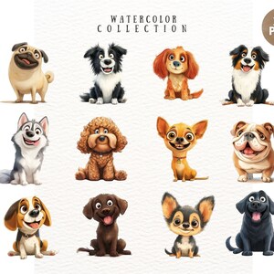 May include: A collection of 24 watercolor illustrations of various dog breeds. The dogs are depicted in a cartoon style with bright colors and playful expressions. The illustrations are perfect for use in digital or printed projects.