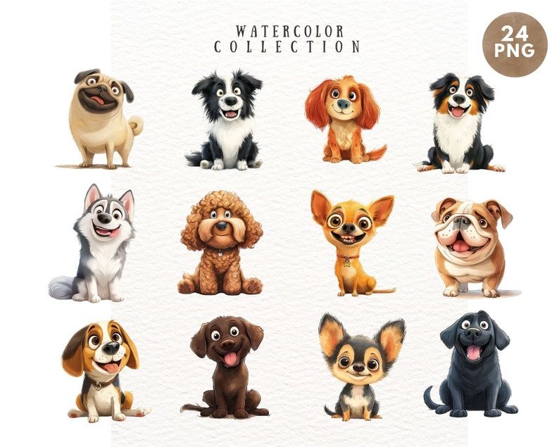 May include: A collection of 24 watercolor illustrations of various dog breeds. The dogs are depicted in a cartoon style with bright colors and playful expressions. The illustrations are perfect for use in digital or printed projects.