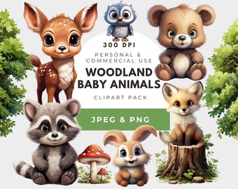 Watercolor Woodland Animals Clipart: Baby Shower Nursery. Birthday Clipart. (PNG, JPEG)