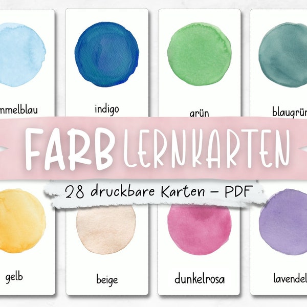 Farblernkarten | 28 Druckbare Lernkarten | Farbpaletten | Kaarten | Lessenkaarten voor kinderen | Montessori Lernkarten, Duitse Flashcards