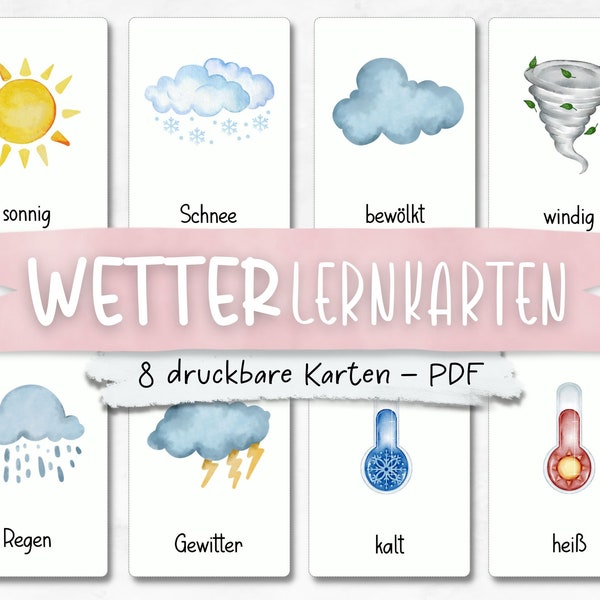 Wetter Lernkarten | 8 Wetter Karteikarten | Montessori Lernkarten | Lehrdrucke | Wasserfarbenkarten | Drucke für Kinder und Vorschulkinder