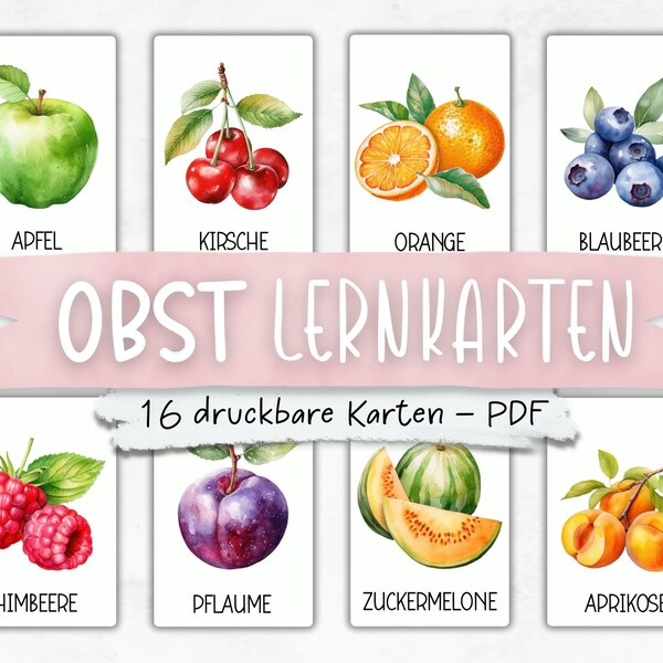 Obst Lernkarten | 16 Druckbare Lernkarten | Lernkarten für Kinder | Karteikarten | Montessori Lernkarten, Deutsche Lernkarten, German