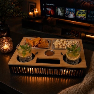 Couch Bar 2-in-1 mit Tablett / Snack & Getränkehalter / Snack Bar aus Bambusholz / Bier und Snacks Organisator / Geschenkidee für Papa