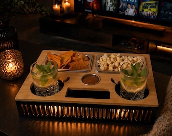 Couch Bar 2-in-1 mit Tablett / Snack & Getränkehalter / Snack Bar aus Bambusholz / Bier und Snacks Organisator / Geschenkidee für Papa