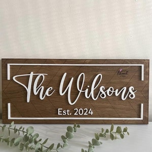May include: A wooden sign featuring the name "The Wilsons" in white script, with "Est. 2024" below. The sign is framed in white and set against a brown, diamond-patterned background. A sprig of green leaves is in the foreground.