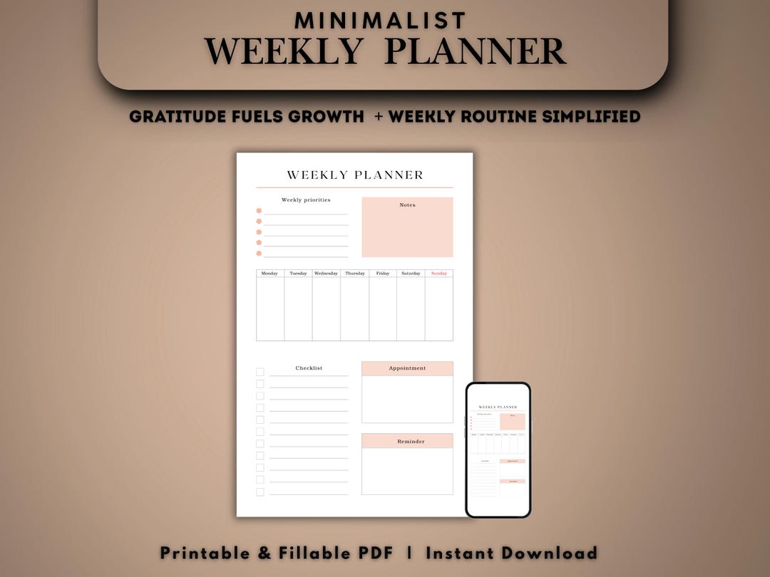Minimalist Weekly Planner Printable | A4 A5 Letter PDF | Productivity ...