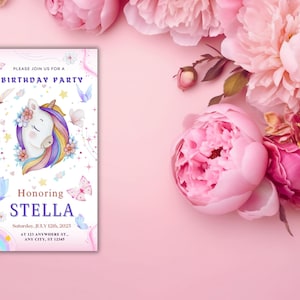 Unicorn Butterfly Birthday Invitation Template | Editable Girl&#39;s Party Canva Invite | Rainbow Pink Purple Magic Theme | Instant Download