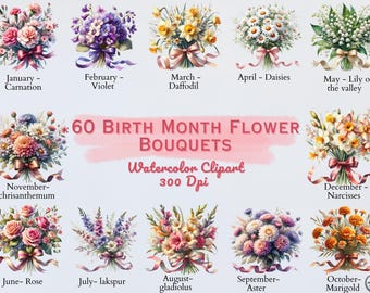 Birth Month Flower Clipart Set, Watercolor Bouquet PNGs, Transparent Background Mother's Day Gift Ideas