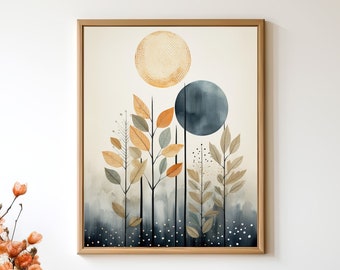 May include: A watercolor painting of a forest scene with stylized trees and abstract shapes in shades of blue, yellow, and brown. The painting is framed in a light wood frame and hangs on a white wall above a white armchair with an orange throw pillow.