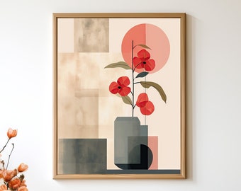 May include: A framed abstract print of a red flower in a vase with geometric shapes in the background. The print is hanging on a white wall next to a wooden chair with an orange cushion.