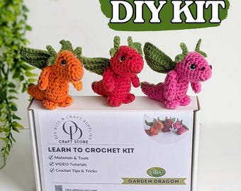Puede incluir: Un kit de crochet DIY para hacer un dragón de jardín. El kit incluye materiales, herramientas, tutoriales en video y consejos y trucos de crochet. El kit se muestra con tres dragones de crochet terminados en naranja, rosa y rojo.