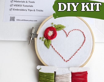 Heart Embroidery KIT, flowers embroidery DIY craft kit, Mother's day gift
