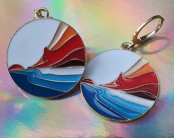 Earrings, earrings, stainless steel, enamel, round, colorful, sunset by the sea