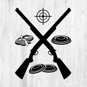 May include: Black and white silhouette of two crossed shotguns with a target and clay pigeons. The clay pigeons are broken and whole.