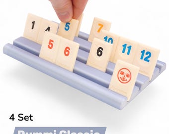 Juego de 4 piezas - Bandeja clásica plateada Rummikub con 4 filas - Organizador extendido para 28 fichas, más espacio, descripción general, regalo para personas mayores