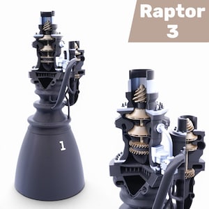 Könnte beinhalten: Zwei detaillierte Querschnittsmodelle eines Raketentriebwerks, eines mit der Bezeichnung "1" und das andere mit dem Text "Raptor 3". Die Modelle sind überwiegend dunkelgrau mit goldenen und silbernen Innenkomponenten und zeigen komplizierte mechanische Designs.