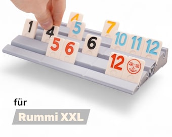 Tablero Rummikub XXL de 4 filas plateado – Organizador de soporte extendido para 36 piezas – Más información – Regalo para personas mayores