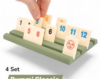 Juego de 4 piezas - Bandeja clásica Rummikub, verde, 4 filas - Organizador extendido para 28 piezas, más espacio, descripción general, regalo para personas mayores